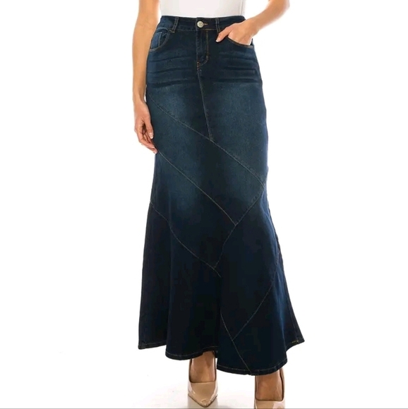 Boutique Fishtail Mermaid Skirt  Stretch Midi Maxi Dark Denim Blue Zip Closure - Picture 1 of 16